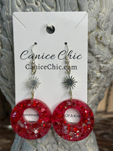 Load image into Gallery viewer, Red Circle & Starburst Earrings Light Weight Sparkly 3", RS1