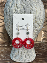 Load image into Gallery viewer, Red Circle & Starburst Earrings Light Weight Sparkly 3", RS1