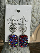 Load image into Gallery viewer, Red White &amp; Blue with Flower Earrings Light Weight 3"; RWB5
