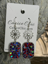 Load image into Gallery viewer, Red White &amp; Blue with Flower Earrings Light Weight 3"; RWB5
