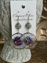 Load image into Gallery viewer, Red White &amp; Blue Floating Disk Earrings Light Weight 3.5"; RWB9
