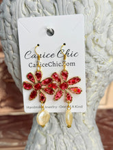 Load image into Gallery viewer, Red Flower Pearl Earrings Light Weight 2.75"; RS4
