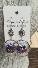 Load and play video in Gallery viewer, Red White &amp; Blue Floating Disk Earrings Light Weight 3.5"; RWB9
